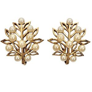 Trifari Gold Tone Faux Pearl Open Leaf Clip-On Earrings, Signed L832